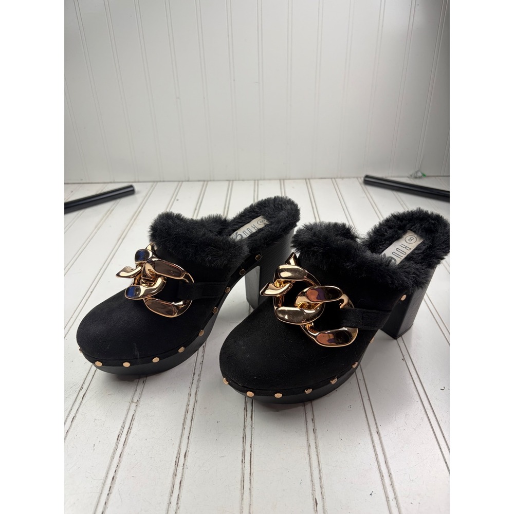 Rouge Vintage Y2K Black Faux Fur Gold Chain Platform Mules Women's Size 8 - Picture 2 of 9